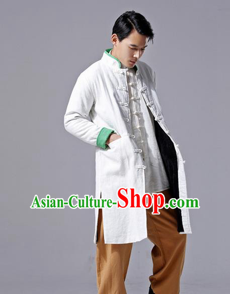 Chinese Traditional Costume Tang Suit White Overcoat National Mandarin Dust Coat for Men