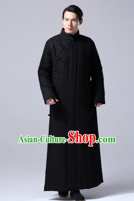 Chinese Traditional Costume Tang Suit Black Cotton Wadded Robe National Mandarin Dust Coat for Men