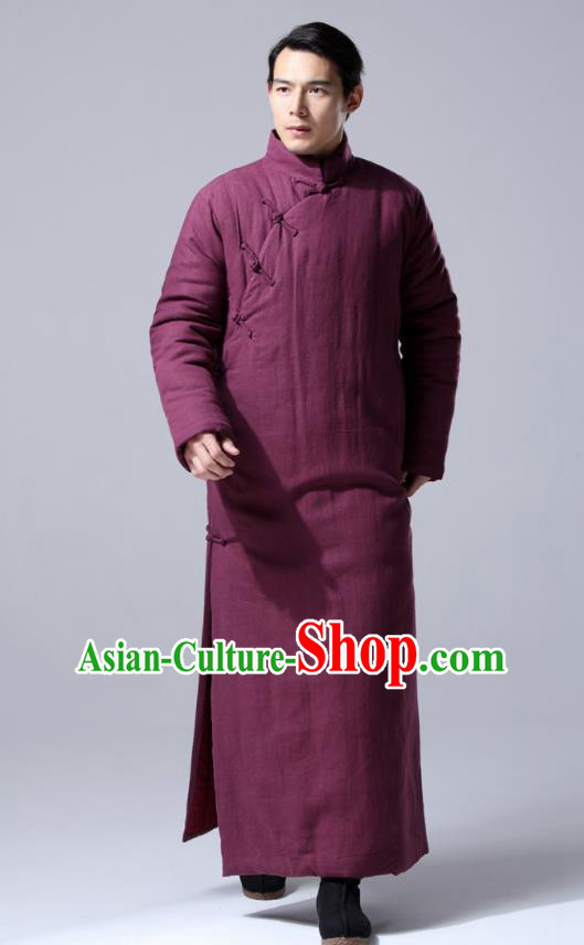 Chinese Traditional Costume Tang Suit Wine Red Cotton Wadded Robe National Mandarin Dust Coat for Men