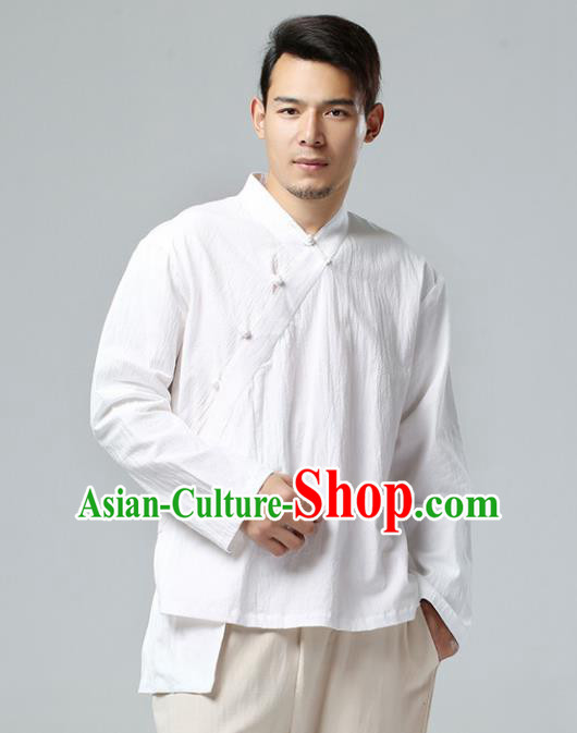 Chinese Traditional Costume Tang Suit White Shirt National Mandarin Upper Outer Garment for Men