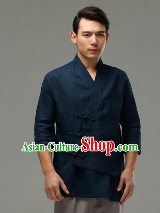 Chinese Traditional Costume Tang Suit Navy Shirt National Mandarin Upper Outer Garment for Men