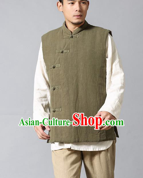 Chinese Traditional Costume Tang Suit Waistcoat National Army Green Mandarin Vest Upper Outer Garment for Men