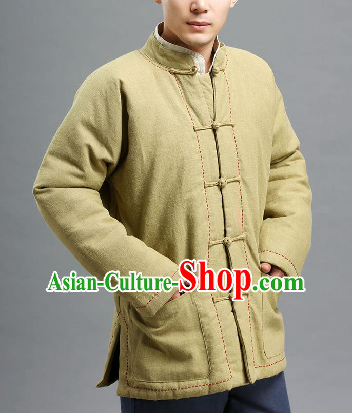 Chinese Traditional Costume Tang Suit Khaki Overcoat National Mandarin Cotton Wadded Jacket for Men