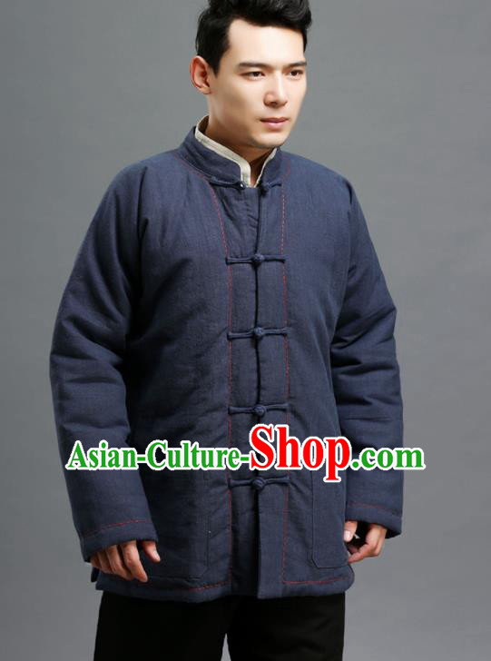 Chinese Traditional Costume Tang Suit Navy Overcoat National Mandarin Cotton Wadded Jacket for Men