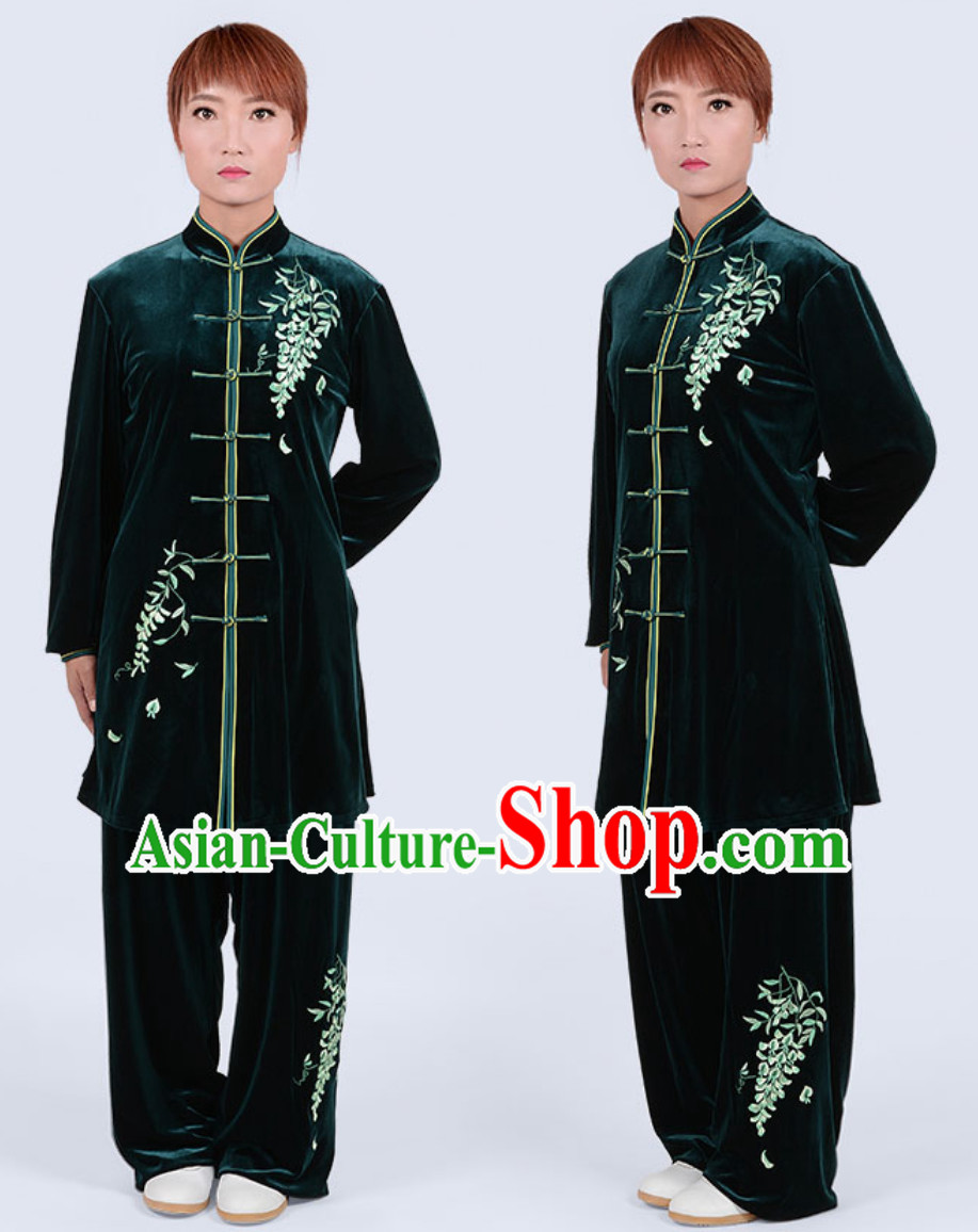 Deep Green Top Winter Wear Velvet Asian Embroidered Tai Chi Clothing Martial Arts Dresses Complete Set for Women