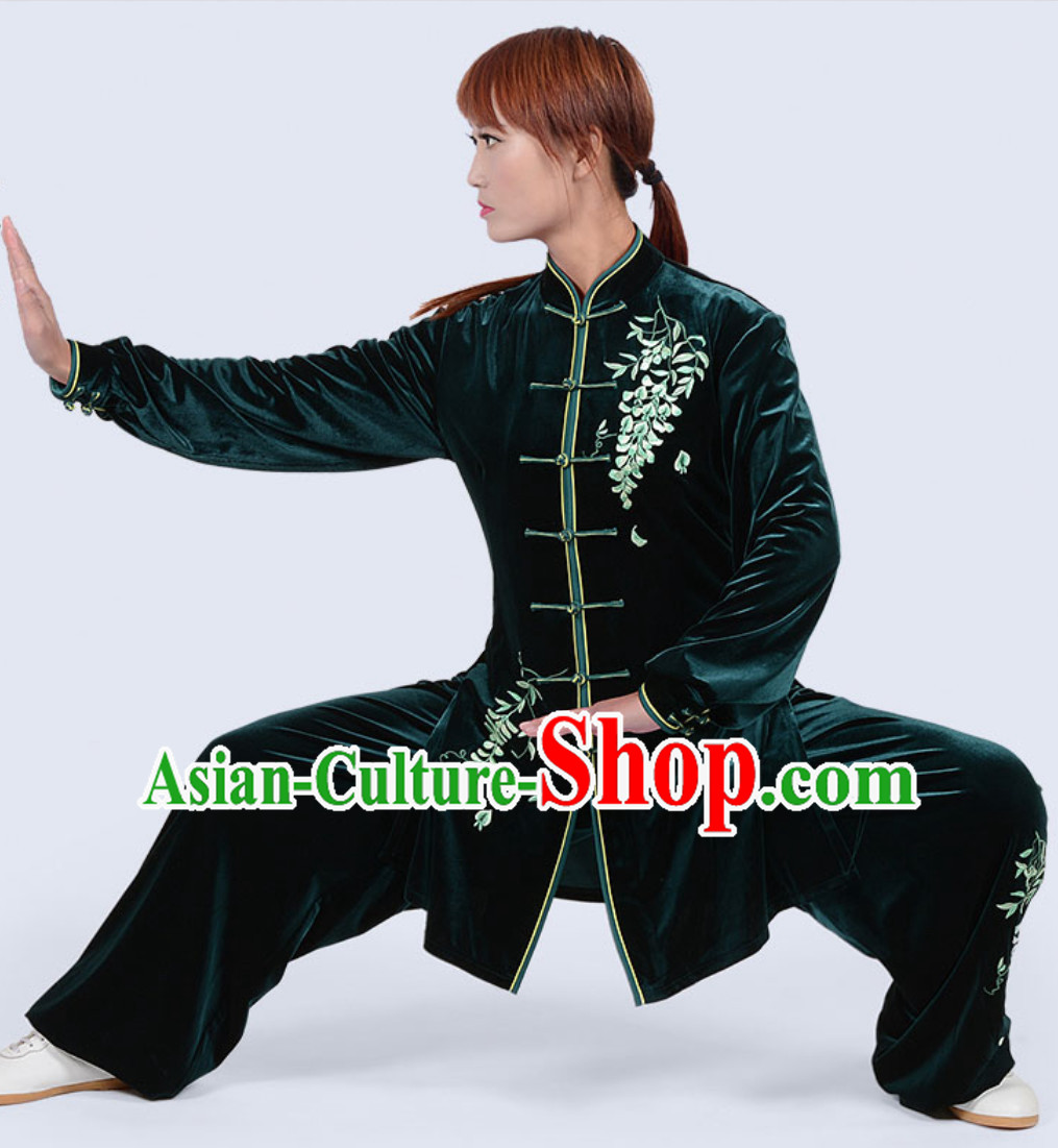 Deep Green Top Winter Wear Velvet Asian Embroidered Tai Chi Clothing Martial Arts Dresses Complete Set for Women