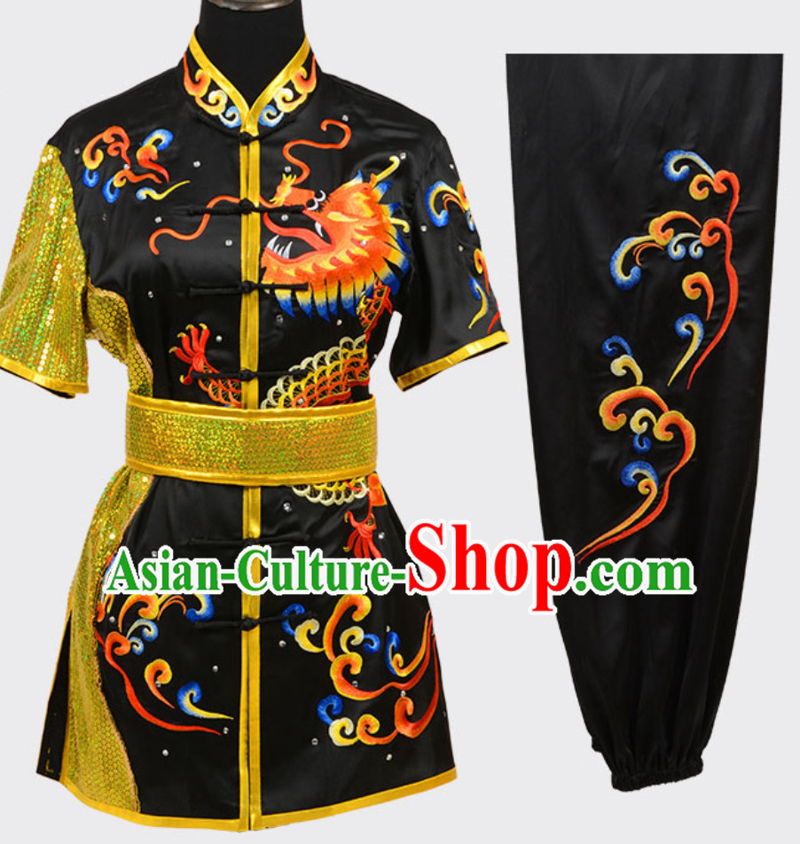 Black Top Short Sleeves Asian Embroidered Dragon Tai Chi Clothes Martial Arts Uniform Complete Set for Men or Women