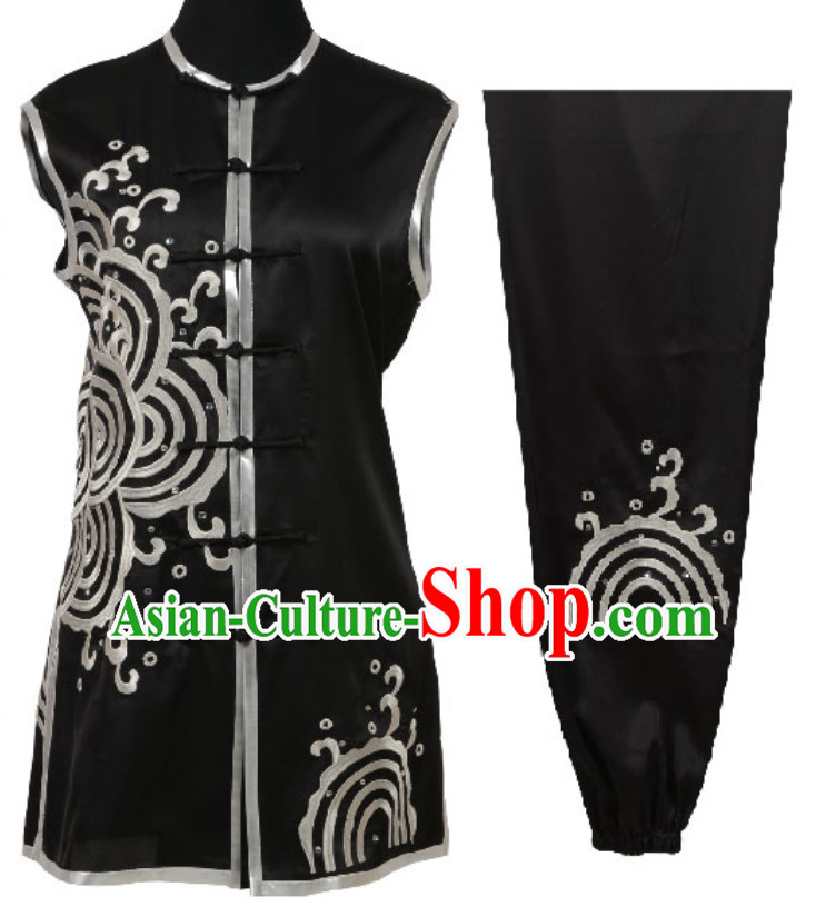 Black Top Chinese Embroidered Dragon Southern Fist Outfits Martial Arts Uniforms Complete Set for Men or Women