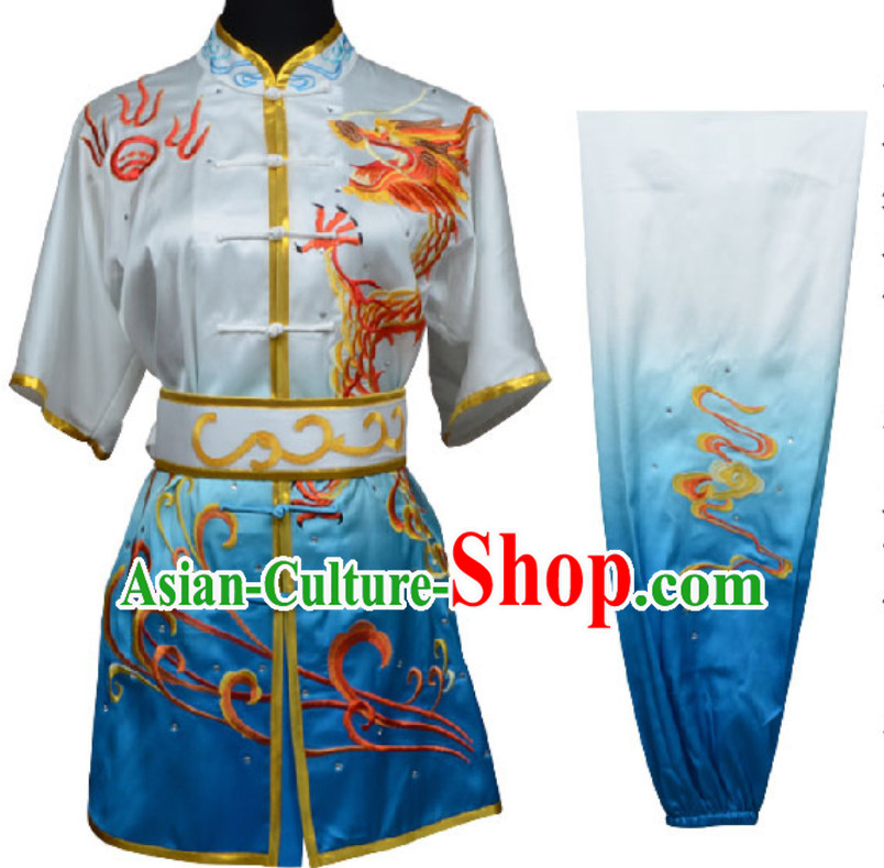 Top Color Transition Chinese Embroidered Phoenix Dragon Gongfu Outfits Martial Arts Suit Complete Set for Men or Women