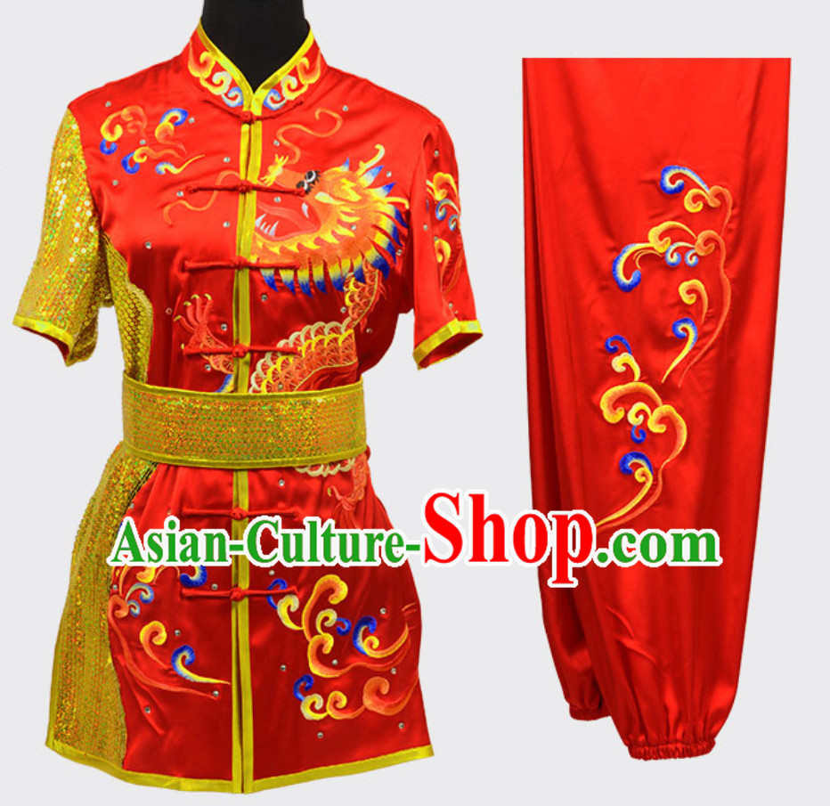 Lucky Red Top Short Sleeves Asian Embroidered Dragon Tai Chi Clothes Martial Arts Uniform Complete Set for Men or Women