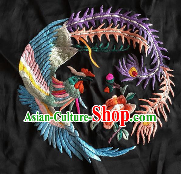 Chinese Traditional Handmade Embroidery Craft Embroidered Cloth Patches Embroidering Phoenix Peony Silk Piece