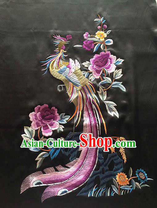 Chinese Traditional Embroidered Phoenix Peony Black Silk Patches Handmade Embroidery Craft Cloth Fabric