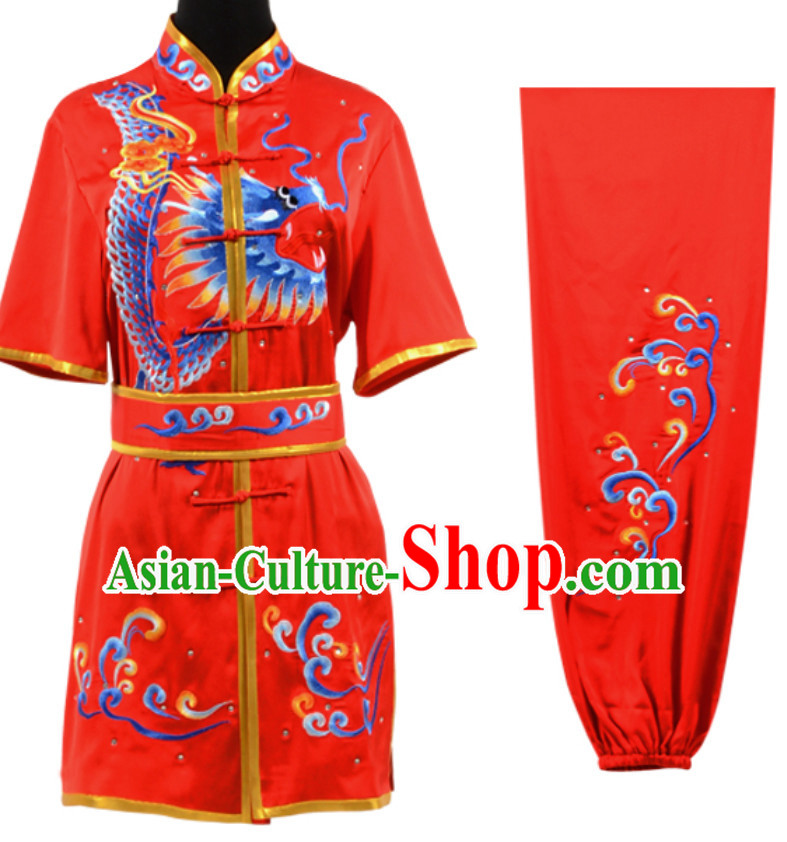 Lucky Red Top Short Sleeves Chinese Embroidered Dragon Tai Chi Outfit Martial Arts Uniforms Complete Set for Men or Women