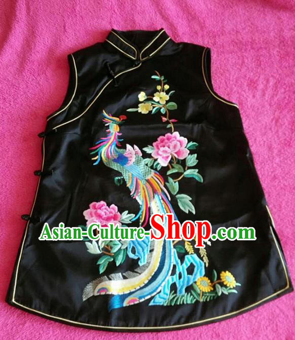 Chinese Traditional Silk Costume Tang Suit Embroidered Phoenix Peony Black Vest for Women