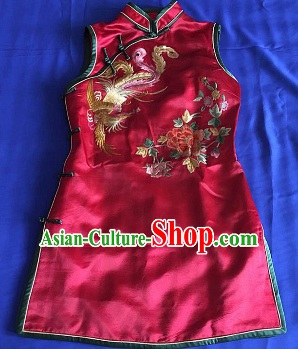 Chinese Traditional Silk Costume Tang Suit Embroidered Phoenix Peony Red Silk Qipao Dress for Women