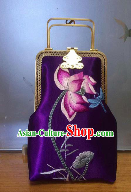 Chinese Traditional Embroidered Lotus Purple Handbag Handmade Embroidery Craft Silk Bags