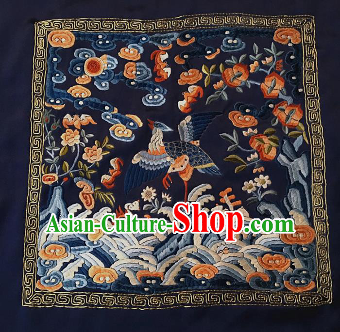 Asian Chinese Traditional Embroidered Crane Navy Silk Patches Handmade Embroidery Craft