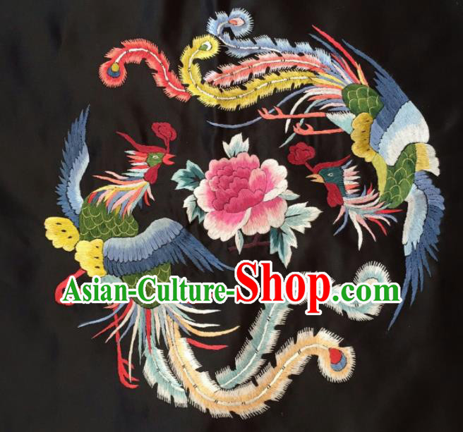 Asian Chinese Traditional Embroidered Phoenix Peony Black Silk Patches Handmade Embroidery Craft