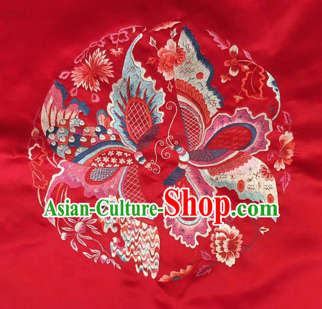 Asian Chinese Traditional Embroidered Butterfly Red Silk Patches Handmade Embroidery Craft