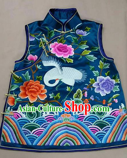 Chinese Traditional Silk Costume Tang Suit Embroidered Peony Crane Silk Vest for Women