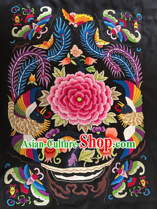 Asian Chinese Traditional Embroidered Peony Black Silk Patches Handmade Embroidery Craft