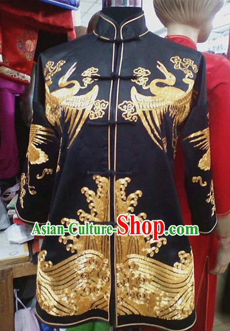 Chinese Traditional Silk Costume Tang Suit Embroidered Crane Black Silk Shirt for Men