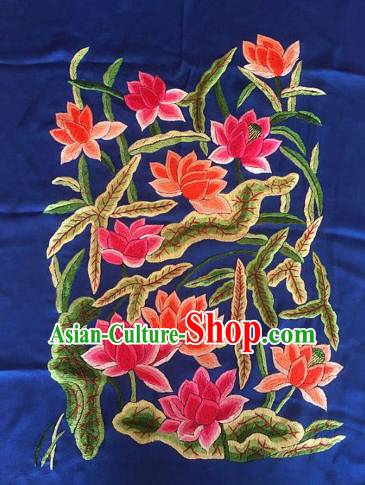 Asian Chinese Traditional Embroidered Lotus Blue Silk Patches Handmade Embroidery Craft