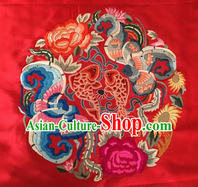 Asian Chinese Traditional Embroidered Lotus Peony Red Silk Patches Handmade Embroidery Craft