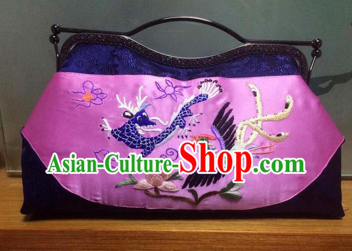 Chinese Traditional Embroidered Dragon Phoenix Pink Handbag Handmade Embroidery Craft Silk Bags