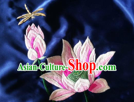 Asian Chinese Traditional Embroidered Lotus Navy Silk Patches Handmade Embroidery Craft