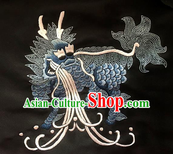 Asian Chinese Traditional Embroidered Kylin Navy Silk Patches Handmade Embroidery Craft