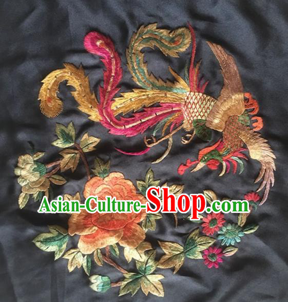 Asian Chinese Traditional Embroidered Phoenix Peony Black Silk Patches Handmade Embroidery Craft