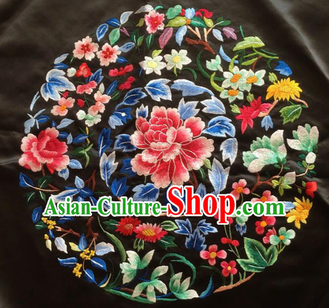Asian Chinese Traditional Embroidered Peony Black Silk Patches Handmade Embroidery Craft