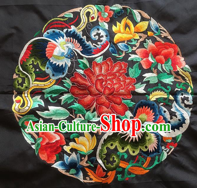 Asian Chinese Traditional Embroidered Peony Butterfly Black Silk Patches Handmade Embroidery Craft