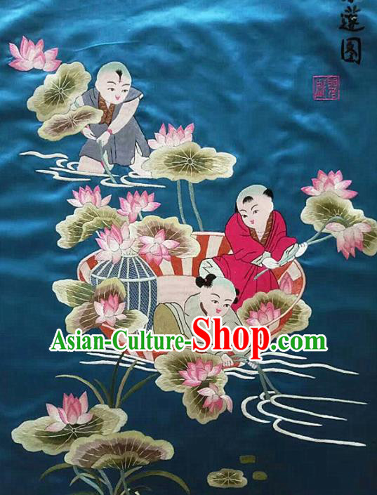 Chinese Traditional Embroidered Lotus Blue Cloth Patches Handmade Embroidery Craft Silk Fabric