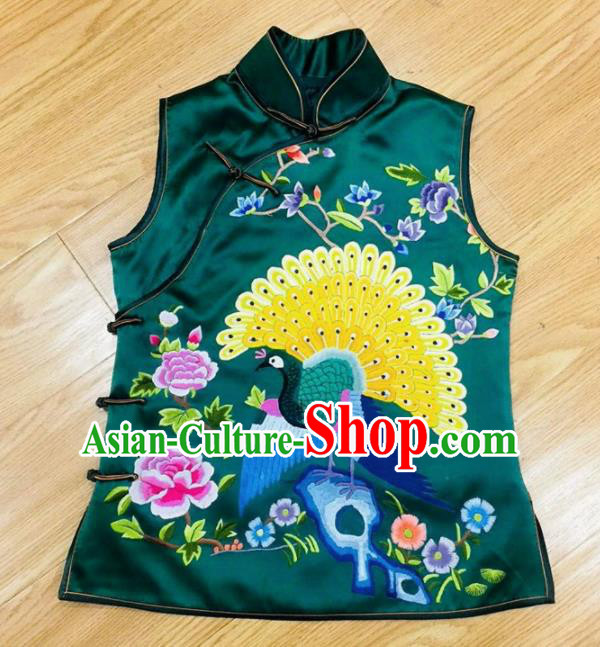 Chinese Traditional Costume Tang Suit Embroidered Green Silk Vest for Women