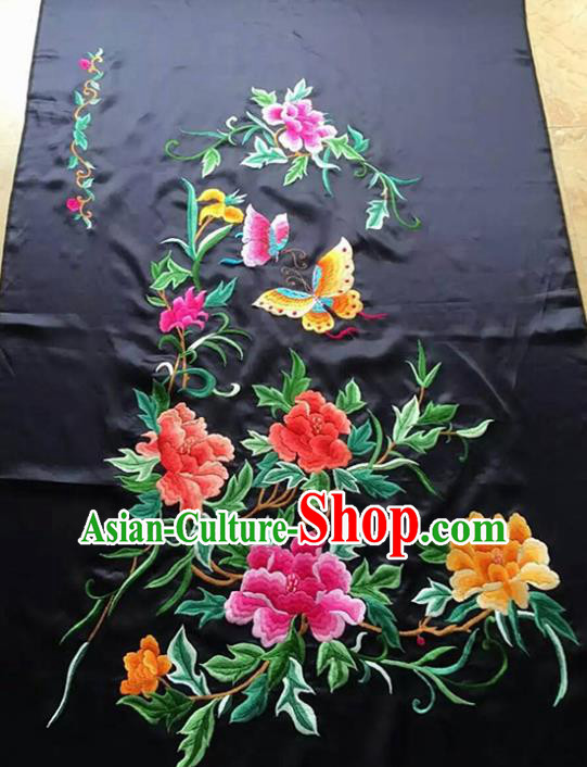 Chinese Traditional Embroidered Black Cloth Patches Handmade Embroidery Butterfly Peony Craft Silk Fabric