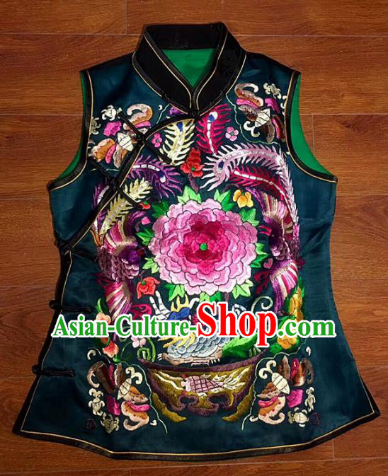 Chinese Traditional Silk Costume Tang Suit Embroidered Peony Black Vest for Women