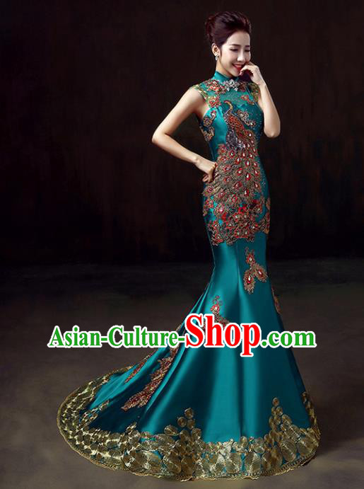 Chinese Traditional Costumes Elegant Embroidered Peacock Cheongsam Full Dress for Women