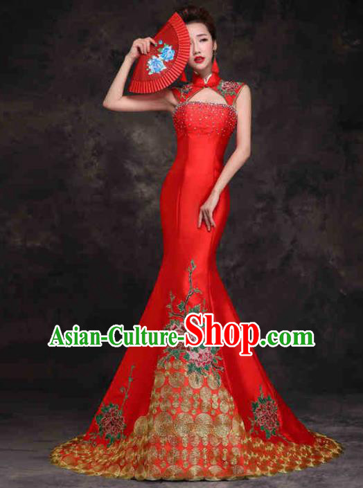 Chinese Traditional Costumes Elegant Embroidered Peony Red Cheongsam Full Dress for Women