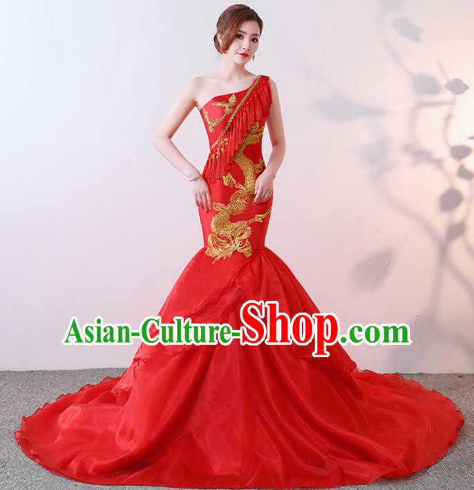 Chinese Traditional Costumes Elegant Red Full Dress Qipao Dress for Women