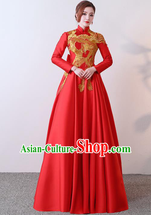 Chinese Traditional Costumes Elegant Red Full Dress Wedding Qipao Dress for Women