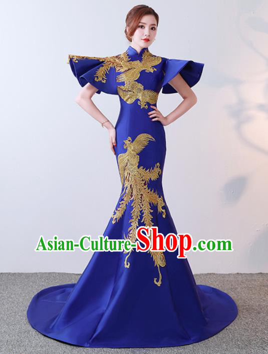 Chinese Traditional Costumes Elegant Royalblue Full Dress Wedding Trailing Qipao Dress for Women