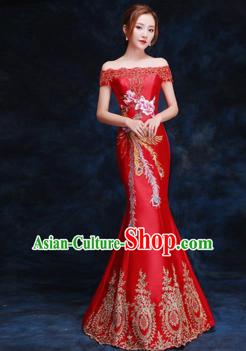 Chinese Traditional Costumes Elegant Embroidered Phoenix Full Dress Wedding Qipao Dress for Women