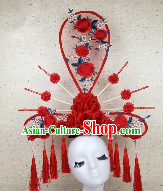 Asian Chinese Traditional Palace Hair Accessories Catwalks Red Peony Exaggerated Headdress for Women