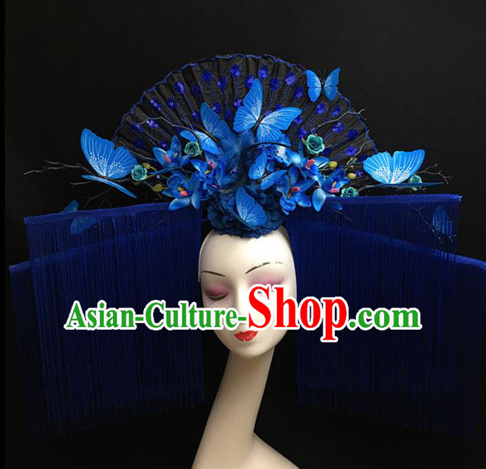 Top Halloween Hair Accessories Chinese Traditional Catwalks Blue Tassel Butterfly Headdress for Women