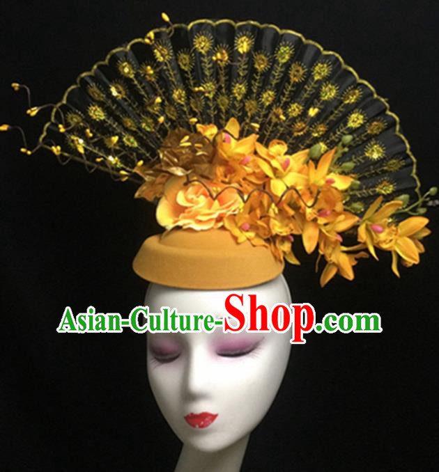 Top Halloween Hair Accessories Chinese Traditional Catwalks Yellow Flowers Top Hat Headdress for Women