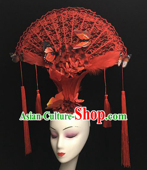 Top Halloween Hair Accessories Chinese Traditional Catwalks Red Lace Butterfly Headdress for Women