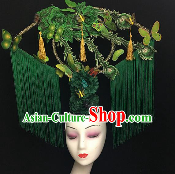 Top Halloween Hair Accessories Chinese Traditional Catwalks Green Tassel Headdress for Women