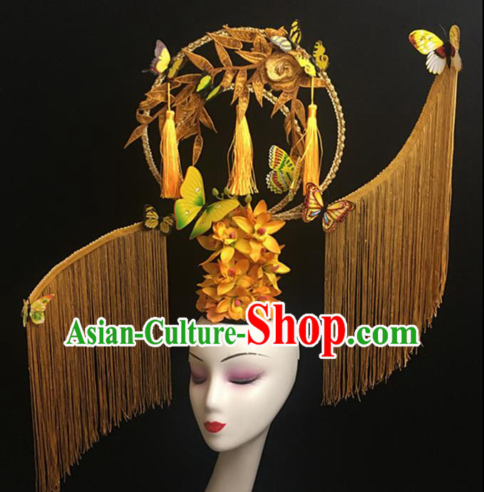 Top Halloween Yellow Tassel Hair Accessories Chinese Traditional Catwalks Giant Headpiece for Women